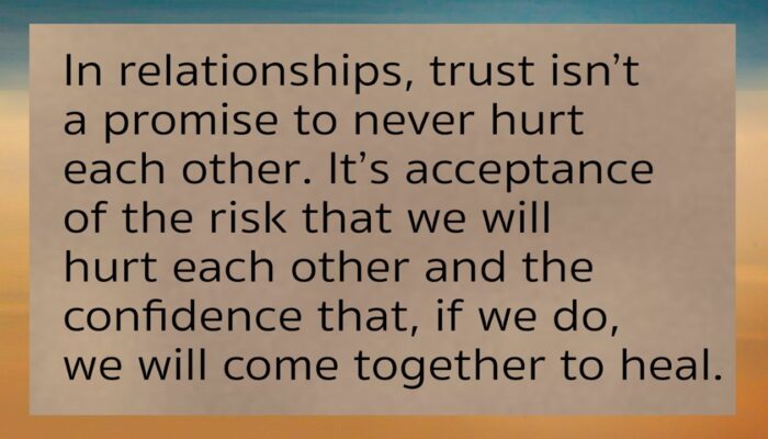 In relationships, trust isn't a promise to never hurt each other. It's acceptance of the risk that we will hurt each other and the confidence that , if we do, we will come together to heal.