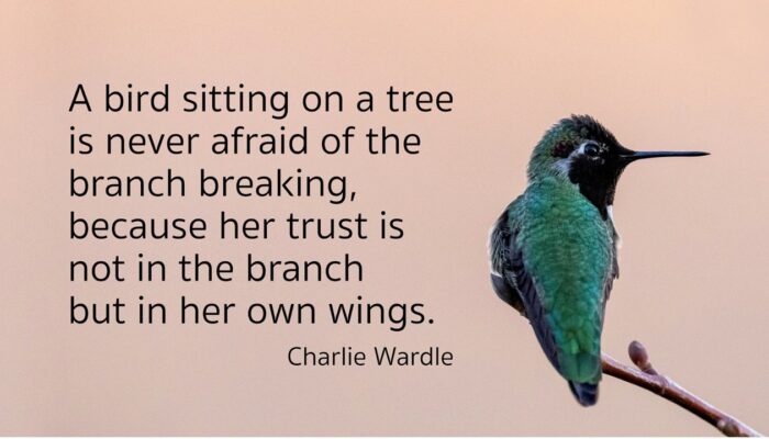 A bird sitting on a tree is never afraid of the branch breaking, because her trust is not in the branch but in her own wings. by Charlie Wardle